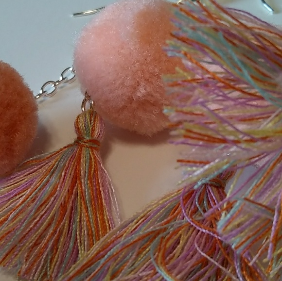 Hot Pink Soft Cute Pom Pom Silver Tassel Earrings - Picture 2 of 4
